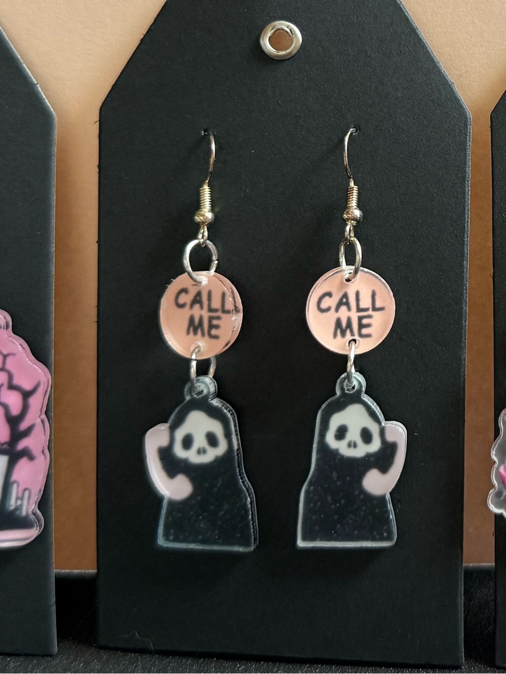 CALL ME Pink and Black Skull Phone Charm Earrings